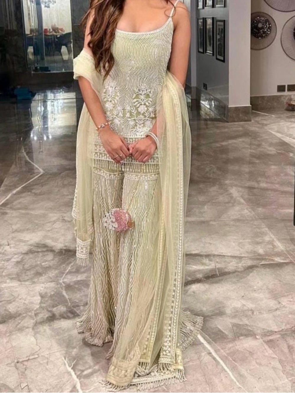 Embroidered Olive Green Sharara Set with White Lace